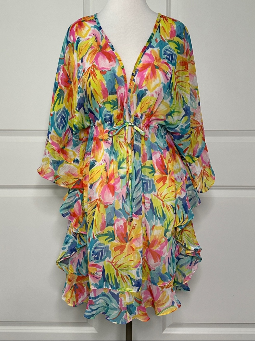 Bleu Rod Beattie‎ Floral Chiffon Caftan Cover Up Multicolor Pink Yellow Large